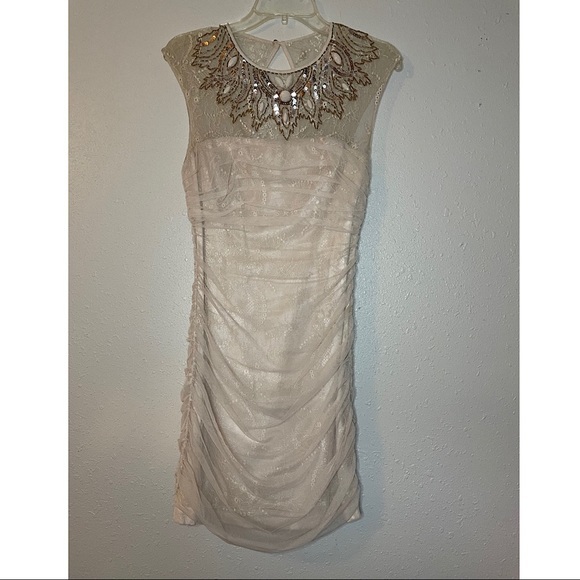 Bebe Dresses Bebe Nude Lace Ruched Embellished Dress Poshmark